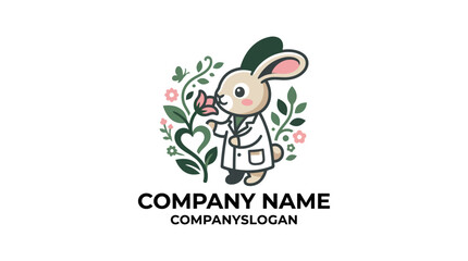 Fototapeta premium Cute cartoon rabbit doctor examining a heart shaped flower illustration.