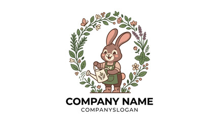 Fototapeta premium Hand drawn illustration of a cute bunny gardener with a watering can in a floral wreath.
