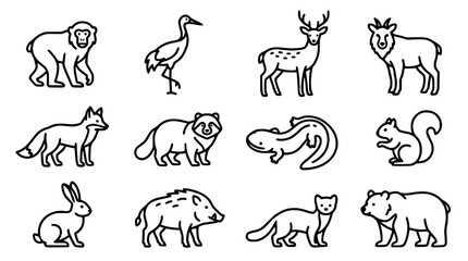 Fototapeta premium Wildlife Icons Set with Bear, Fox, Deer, and Rabbit Illustrations