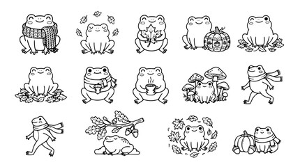Obraz premium Frogs with Autumn Leaves and Pumpkins, Cute Doodle Set Featuring Frog, Foliage
