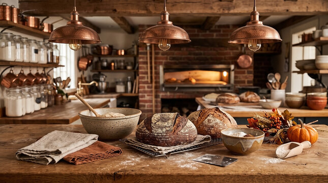 Freshly Baked Sourdough Bread in Rustic Bakery Kitchen.