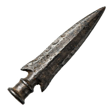 Ancient hand forged iron spearhead with a pointed blade and socket isolated on a transparent background
