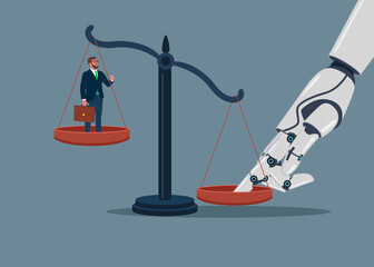 Plakat Artificial intelligence. Robotic hand cyborg. The Illegally influencing the legal system for an unfair advantage. Flat vector illustration