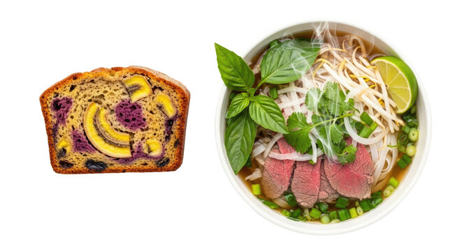 Top View of Banana Bread Slice and Vietnamese Pho Soup Bowl with Transparent Background