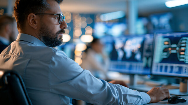 Bright security operations centre with white walls and clean lighting over the shoulder view of an analyst monitoring alert dashboards across multiple light screens network maps and soft