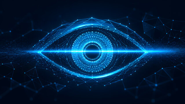 Glowing blue digital eye symbolizes artificial intelligence vision and online privacy surveillance technology within network system