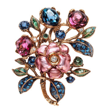Elegant Gold Brooch Featuring Pink And Blue Gemstone Floral Arrangement With Transparent Background