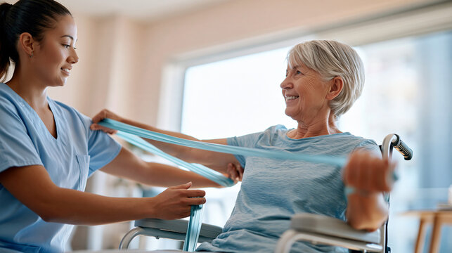 Bright rehabilitation clinic side cropped view of a young physiotherapist guiding a senior woman through seated band assisted shoulder flexion adjustable chair elastic band pale walls