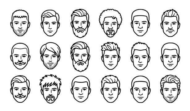 Men hairstyles beard and mustache face outline vector collection