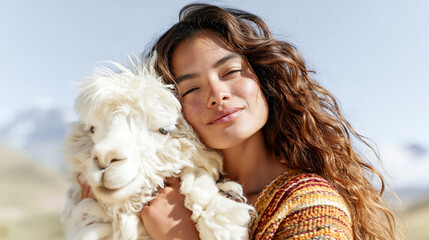 Fototapeta premium Woman in traditional woven poncho tenderly embraces a fluffy alpaca in the sunlit Andes highlands, capturing warm cultural connection and natural wool texture.