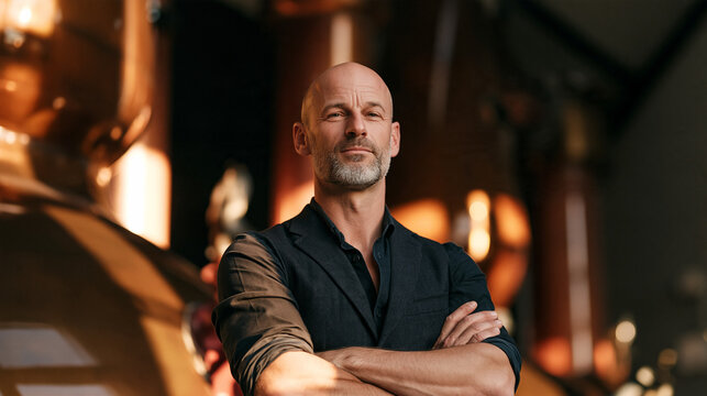 Confident bald distiller with a gray beard stands before towering copper stills, arms crossed, capturing authentic whisky-making heritage in moody amber light.