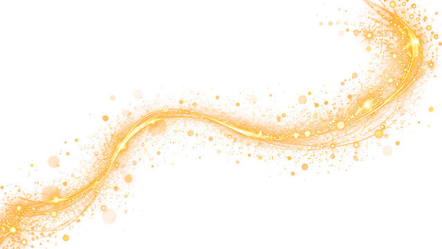 Onda di scia luminosa dorata con polvere di stelle e glitter scintillanti su sfondo trasparente PNG