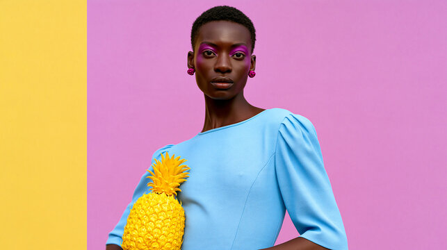 Model in blue dress holding vivid pineapple-shaped clutch against pink and yellow backdrop. Bold surreal tropical fashion styling.