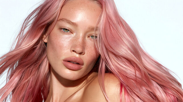 Woman with wavy pink hair and freckled skin gazes softly, showcasing rose gold color and natural hair dye treatment in gentle feminine beauty style.