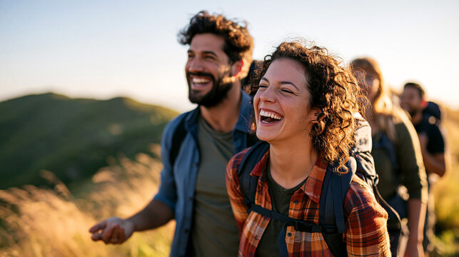 Group of laughing friends hiking a sunlit mountain trail with backpacks, capturing joyful outdoor adventure and genuine friendship at golden hour.