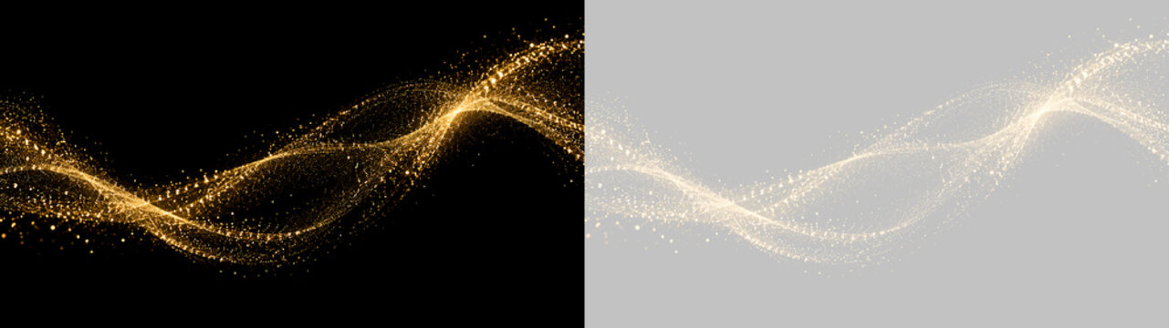 Onda dorata di particelle glitterate e polvere di stelle luminosa in formato PNG. Scia brillante di luce scintillante curva su sfondo trasparente