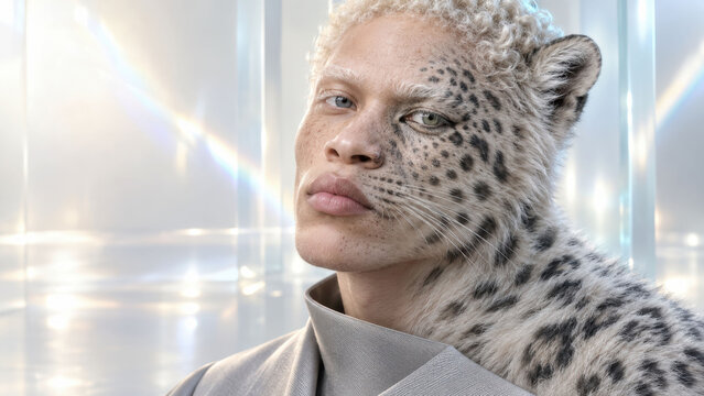 Man with Albinism Merged with Snow Leopard as a Symbol of Unique Strength
