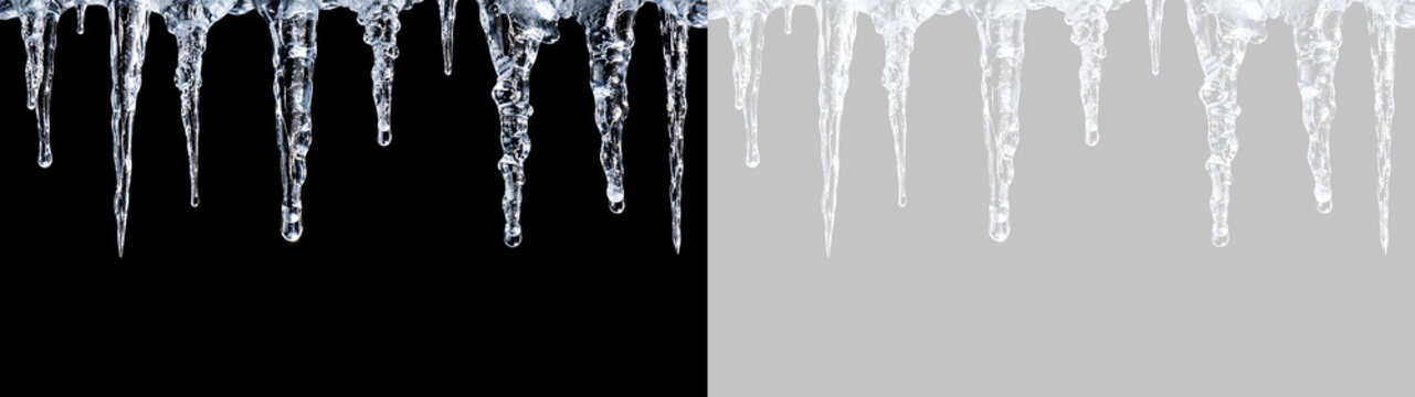 Bordo orizzontale con ghiaccioli pendenti e gocce d'acqua congelata in formato PNG. Stalattiti di ghiaccio trasparenti isolate su sfondo trasparente