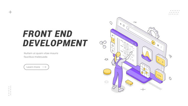 Front End Development banner template. An isometric vector illustration showing a developer coding a user interface on a computer screen. Excellent for web design agencies and tech blogs