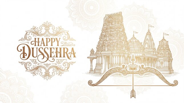 Happy Dussehra Festival Banner with Traditional Bow and Arrow and Indian Temple Silhouette