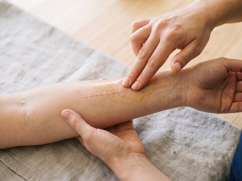 Close-up of hands applying soothing gel and massaging a surgical scar on a patient's forearm for skin recovery, wound healing, and scar tissue reduction.