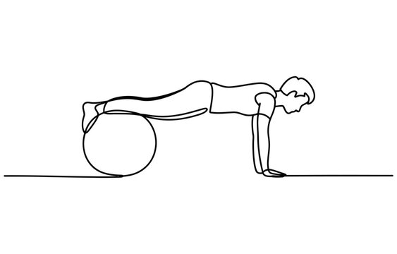 Man doing plank exercise with a fitness ball in one continuous line drawing