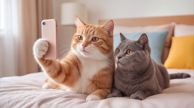 Two domestic cats taking selfie with smartphone on bed. Ginger tabby and grey feline posing for social media photo in cozy bedroom.