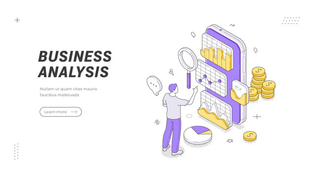 Business Analysis banner template. Isometric vector illustration shows a man studying charts on a giant phone with a magnifier. Great for data analytics apps or corporate finance presentations