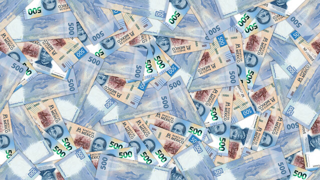 Financial seamless pattern. Economy and business. Scattered paper bills, denomination of 500 pesos, United Mexican States. Banknotes, Mexico. Background or wallpaper. Profit, income, taxes and credit