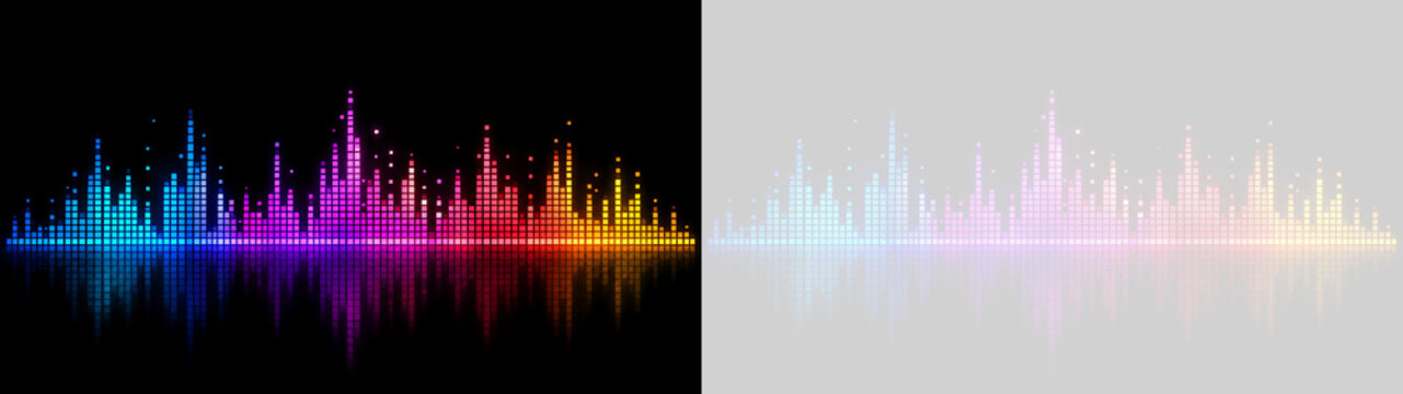 Equalizzatore digitale a barre pixel con riflesso su sfondo nero e trasparente. Spettro sonoro musicale colorato isolato per produzione audio in formato PNG