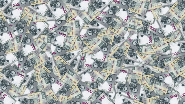 Seamless financial pattern. Many scattered banknotes. Obverse. Denomination, 1000 pesos. Currency of United Mexican States. Money and business. Economic wallpaper, background. Endless texture. Mexico