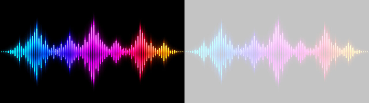 Onda sonora neon ed equalizzatore audio multicolore su sfondo trasparente PNG