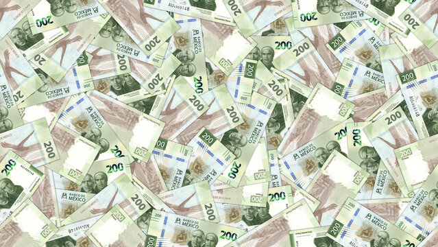 Seamless financial pattern. Many scattered banknotes. Obverse. Denomination, 200 pesos. Currency of United Mexican States. Money and business. Economic wallpaper, background. Endless texture. Mexico
