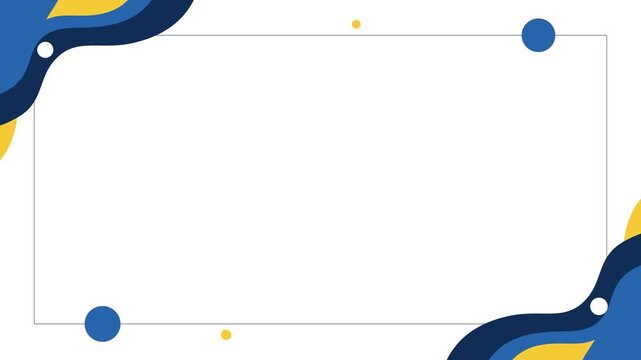 Abstract frame design featuring minimalist blue and yellow fluid wave shapes in opposite corners with a white center rectangle and small solid circles.