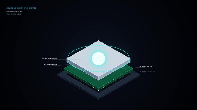 Exploded View of 3D Microchip Processor Architecture with Isometric HUD Technical Schematic Elements