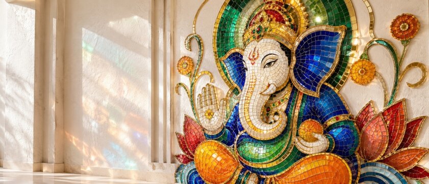 Ganesh Chaturthi holiday Indian mosaic art of Lord Ganesha with colorful details