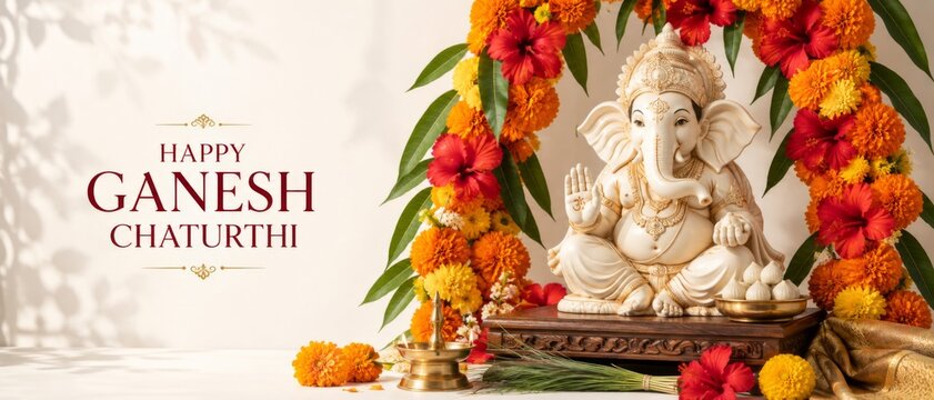 Ganesh Chaturthi decoration with statue and colorful flowers on beige background