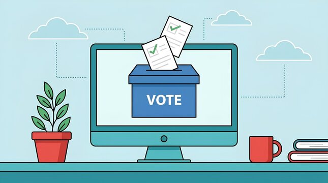 Online voting illustration with computer and ballot box.