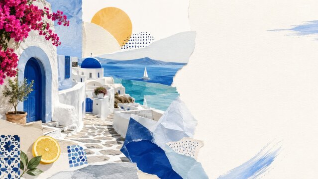 Greek isle aesthetic with white buildings and blue sea, collage art style, background