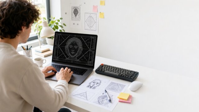 Man working on ASCII art design at desk with computer and sketches