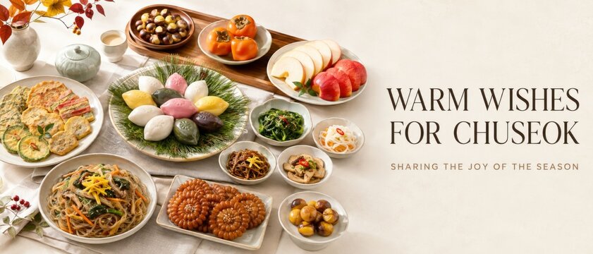 Chuseok celebration table with traditional Korean dishes and decorations