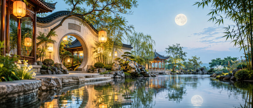 Mid autumn moon festival reflecting in tranquil water of traditional garden