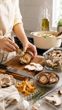 Wild mushroom season preparation scene with a variety of fresh mushrooms
