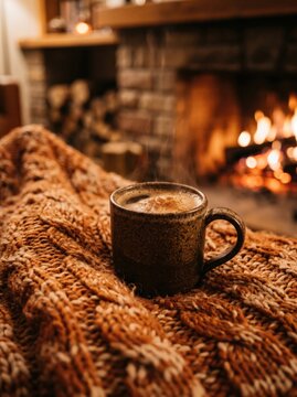 A steaming ceramic mug of hot coffee rests on a cozy knitted blanket during a chilly autumn evening. Warm fire glows brightly inside the stone fireplace, creating a peaceful and relaxing indoor mood.