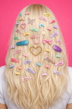 Blonde hair adorned with colorful clips and accessories on pink background