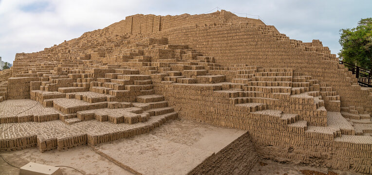 A view of the northwest corner of the stepped adobe pyramid of Huaca Pucllana an ancient landmark located in the Miraflores district of Lima, Peru in the dry season