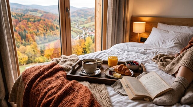 Hotel breakfast tray with hot coffee and croissant in cozy bed with autumn mountain view outside window. Relaxing morning getaway during fall season. Luxurious accommodation experience.