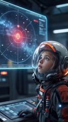 Fototapeta premium Girl in spacesuit looking at star map on digital screen. Child astronaut exploring galaxy on holographic interface inside futuristic spacecraft.