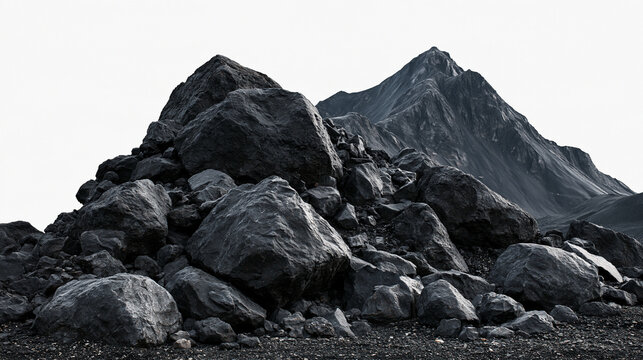 Large pile of dark mineral rocks in front of a mountain with dark stones