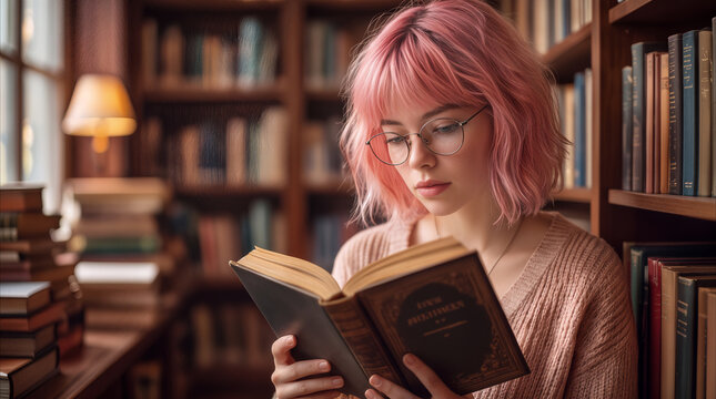 Pink-haired young woman reading book in cozy library. Student studying literature among bookshelves in quiet university archive.